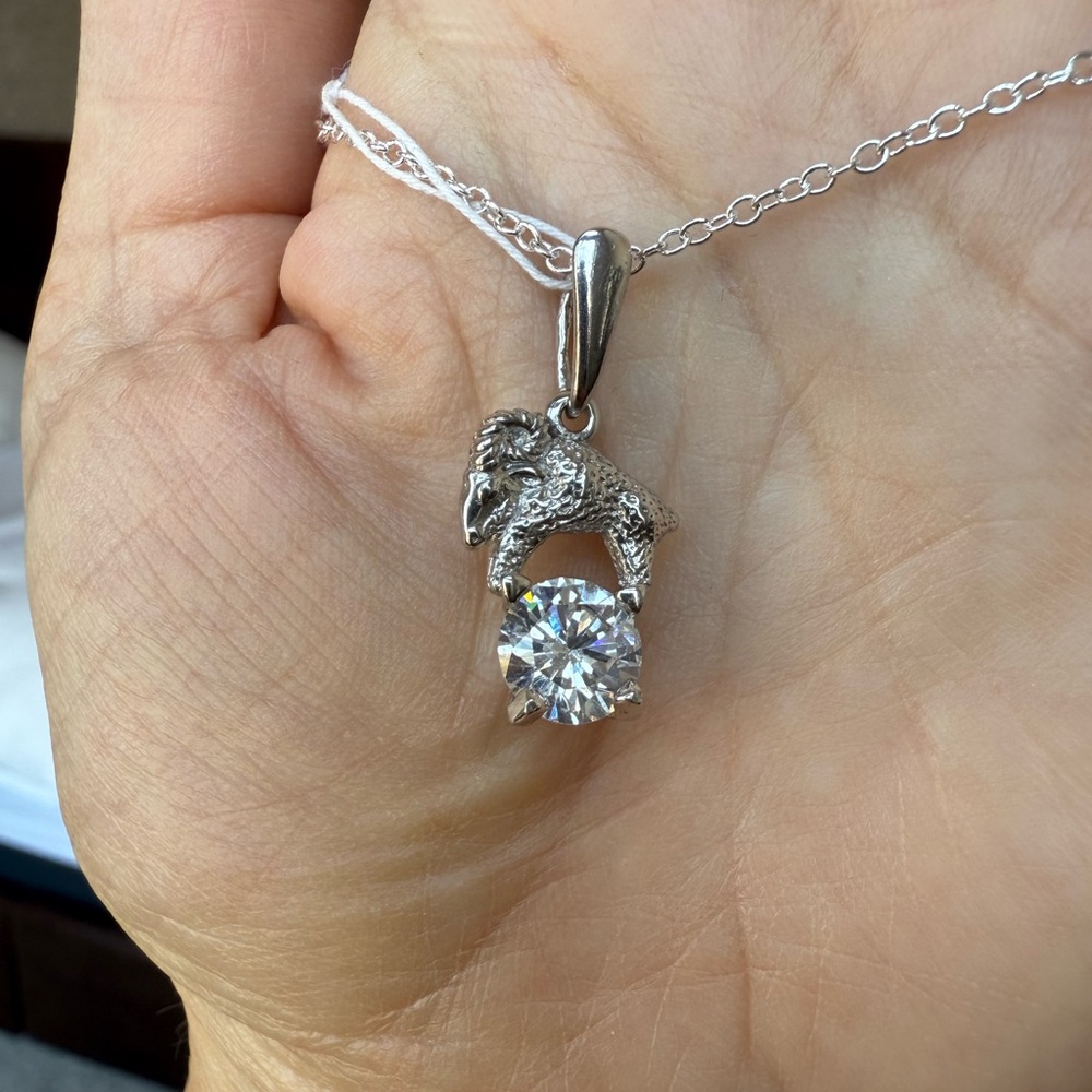 Silver Aries Pendant Necklace with Clear Gemstone